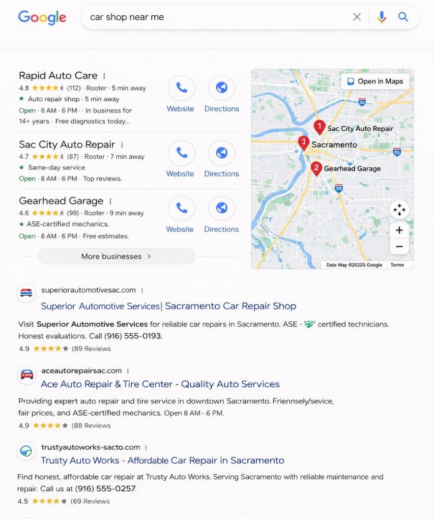 Google search results for car shop near me